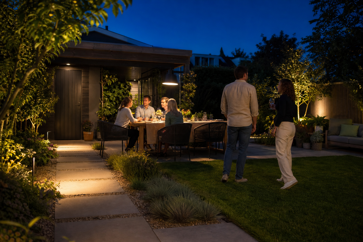 Een avondtuin met apart verlicht pad, eettafel en rustige zithoek