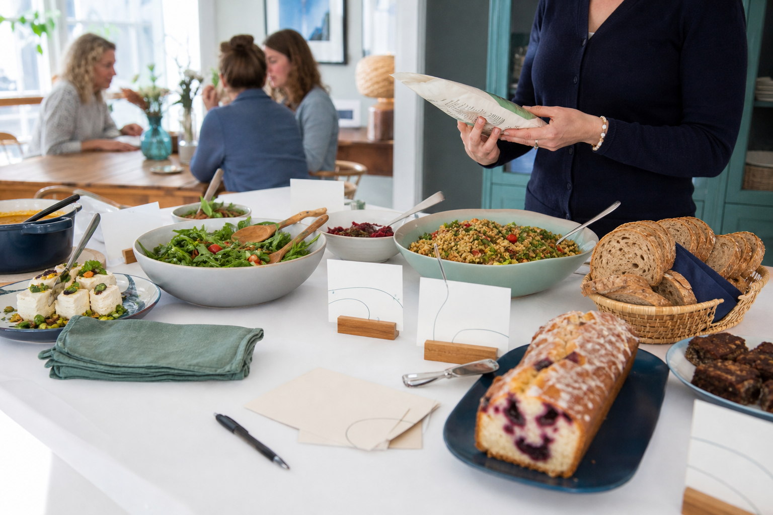 Een gedeeld thuisbuffet met aparte serveerlepels en eenvoudige ingrediëntenkaartjes