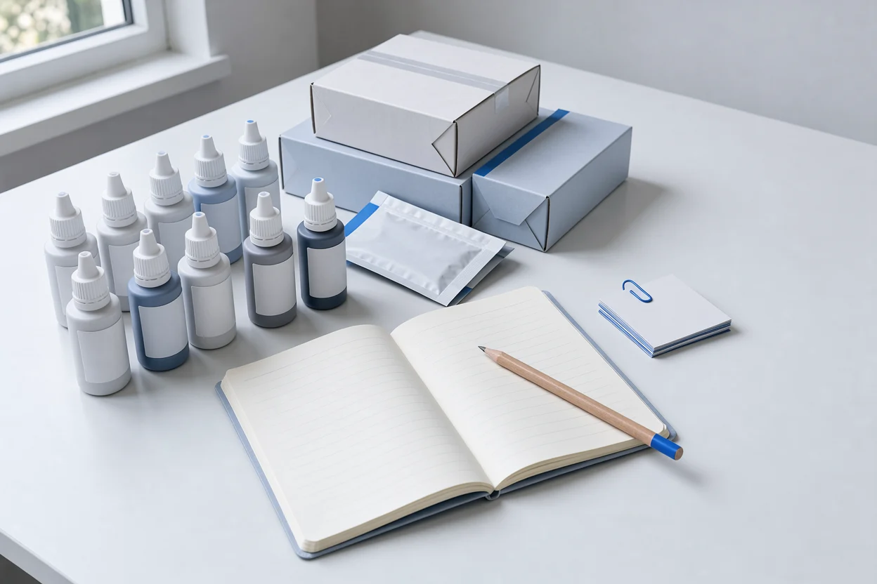 Inkoopwerkplek met gesloten pigmentflesjes en een notitieboek