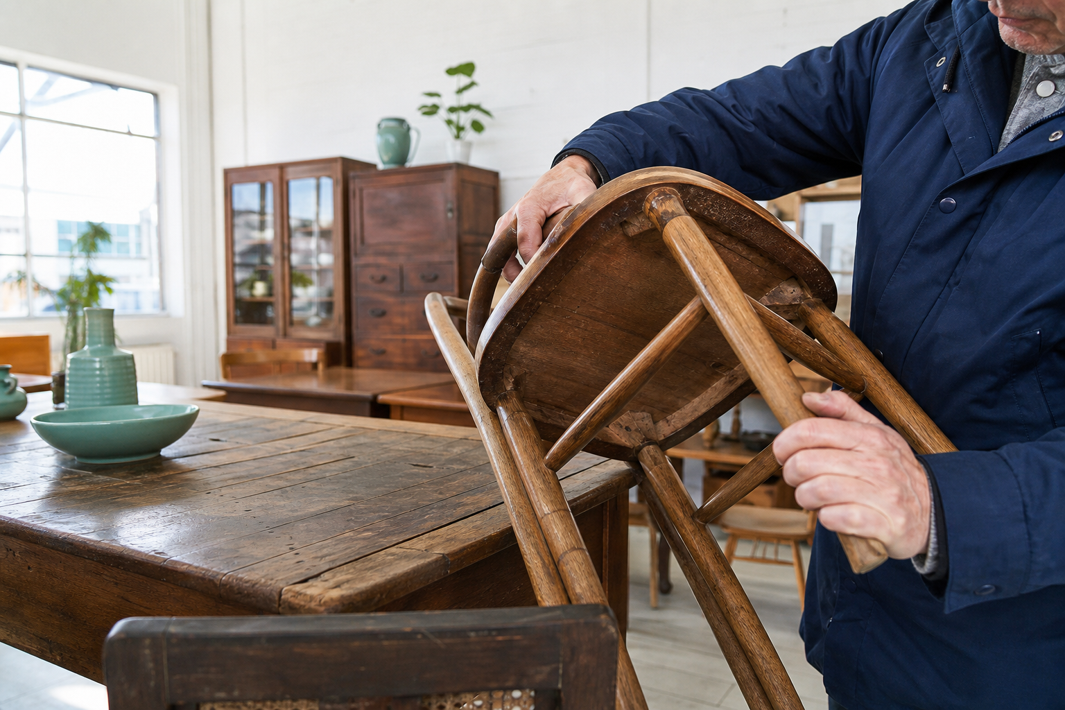 Een bezoeker bekijkt de onderkant en houten verbindingen van een tweedehands stoel in een meubelwinkel
