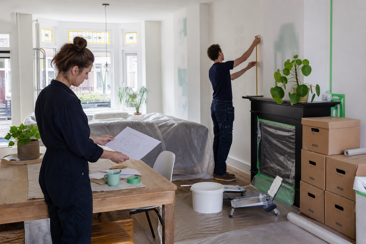 Twee bewoners meten een muur en bekijken een plan in een netjes afgedekte woonkamer tijdens een verbouwing